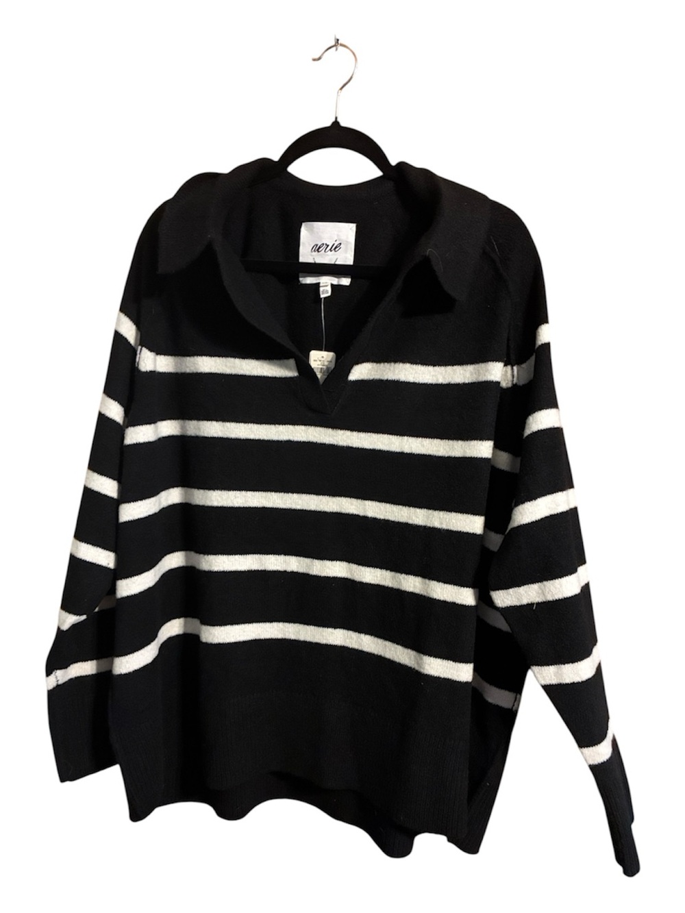 aerie Black and White Striped V-Neck Sweater